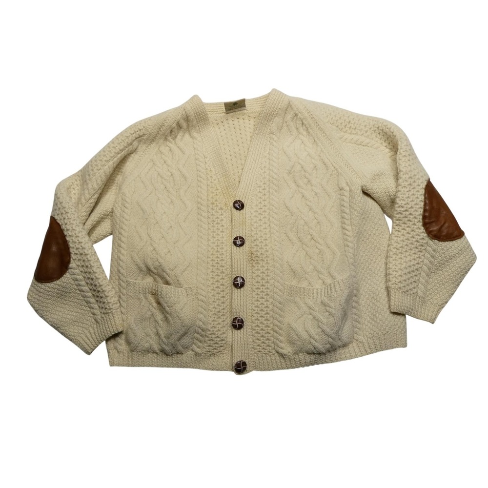 Blarney Sweater Mens Large Wool Handknit Aran Cardigan Leather Elbow Patches